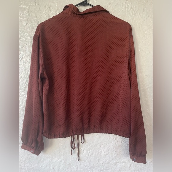 Zara Basics brown / black Swiss dot button up silky blouse, drawstring hem; S - Picture 5 of 8
